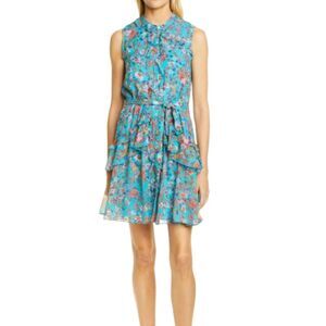 Saloni Silk Tilly Ruffle Mini Dress Turquoise Floral Print Size 4 Small